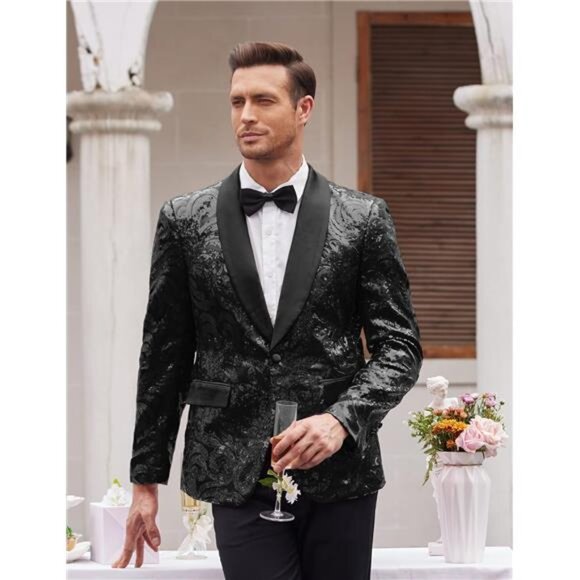 Men's Shiny Sequins Blazer Floral Suit Jacket Stylish Tuxedo for Party, Wedding - Picture 2 of 6